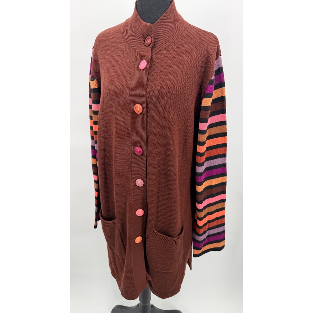 Bob Mackie Cardigan Women XL Brown Multi Color Excellent Wearable Art Striped